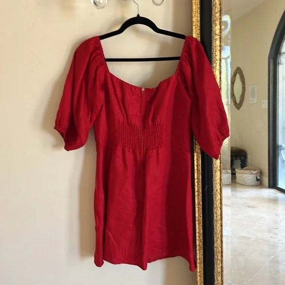 REFORMATION Kathryn 💯 Linen Red Puff Sleeve Dress